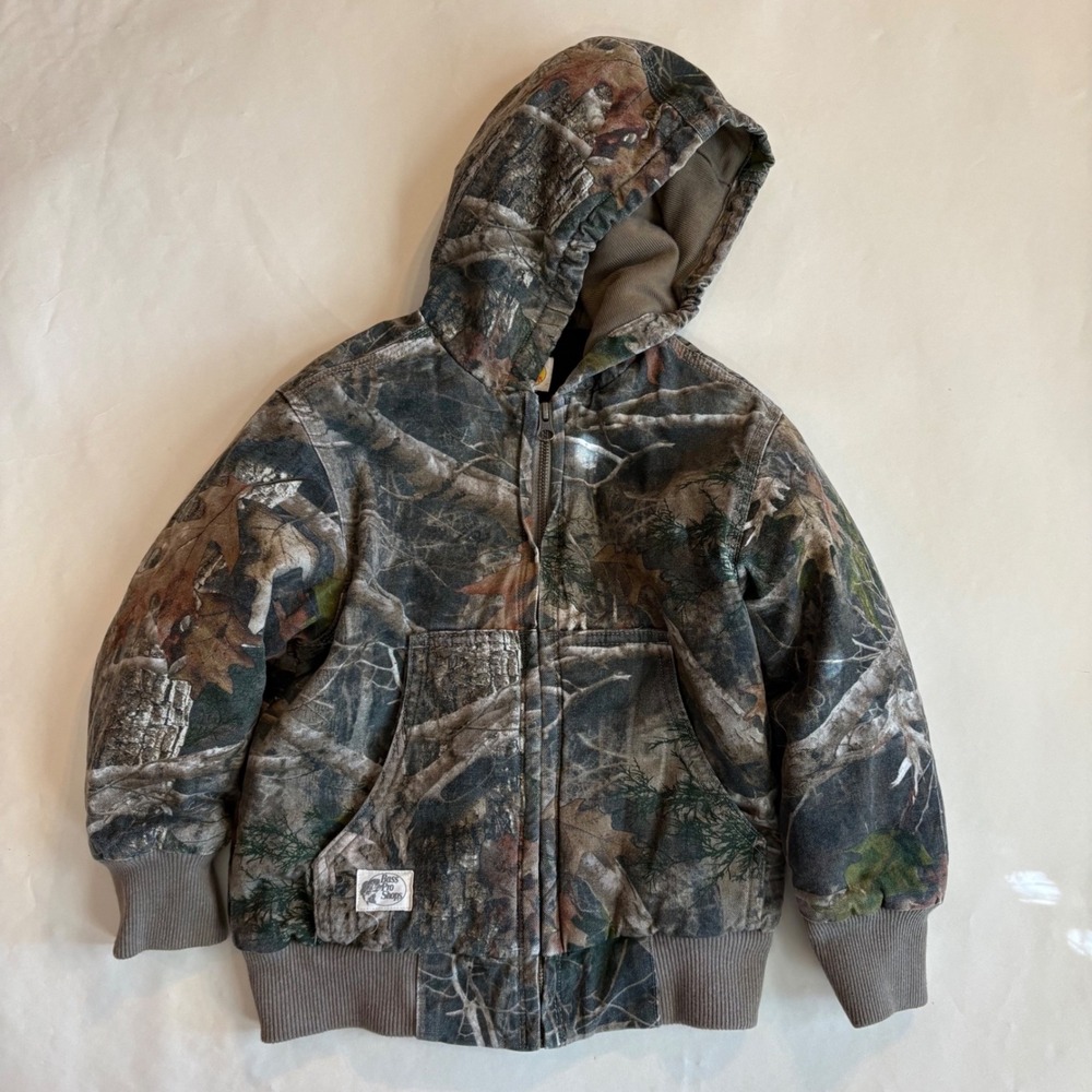 Bass Pro Shops Kids XS Camo Hooded Canvas Jacket RealTree Zip Quilted Lining
